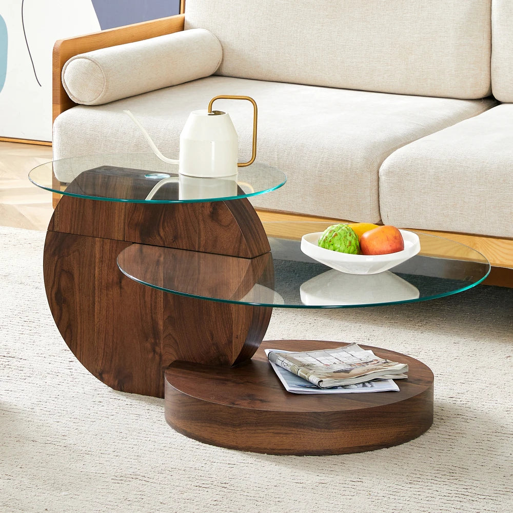 Table basse moderne et minimaliste en verre trempé, design à plusieurs niveaux avec support en MDF de haute qualité, large choix de couleurs