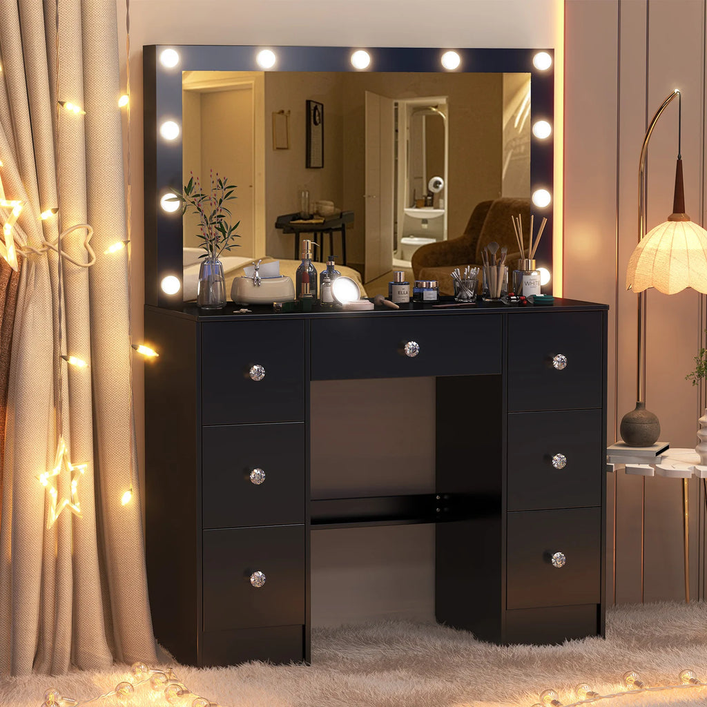 Coiffeuse Teousev avec miroir et 11 ampoules LED - Table de maquillage à luminosité réglable avec grand tiroir et 3 modes de couleur