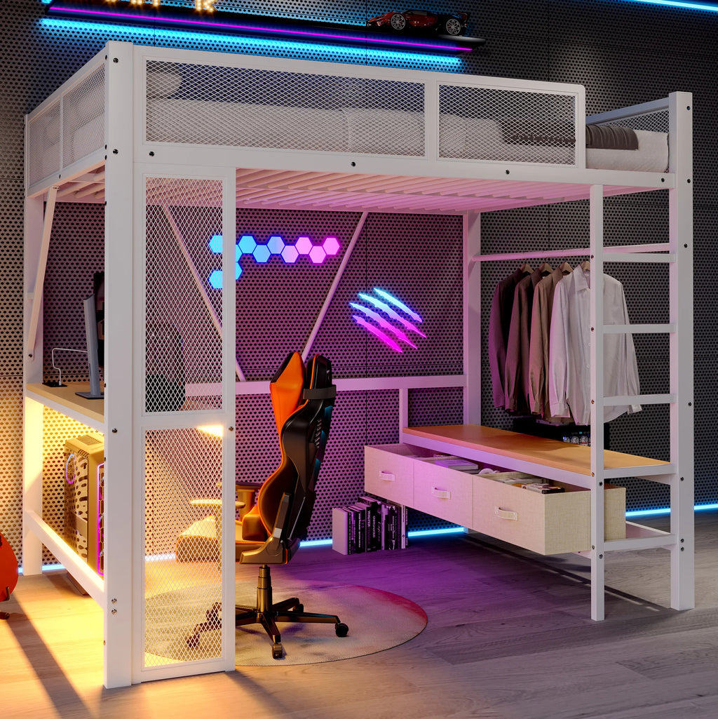 Lit mezzanine enfant et ado 140 x 200 cm en métal blanc - Lit combiné avec bureau, prise USB, LED intégrées, armoire ouverte et 3 tiroirs de rangement