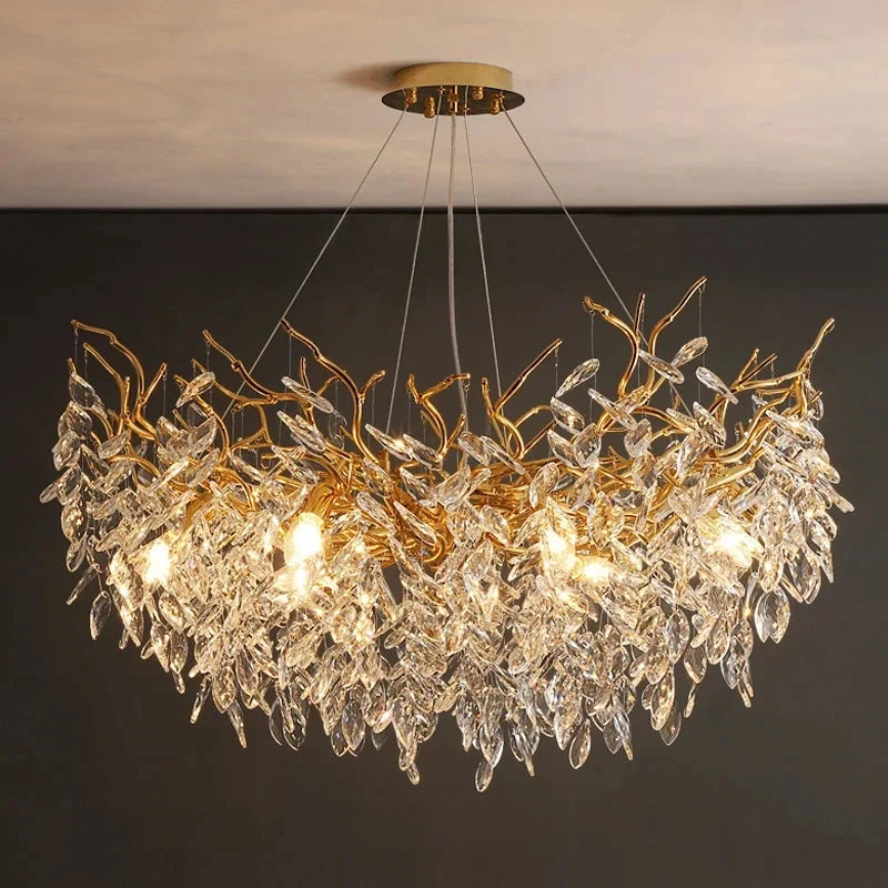 Lustre à LED de luxe en cristal doré - Luminaire suspendu de plafond pour salon, salle à manger, chambre et villa