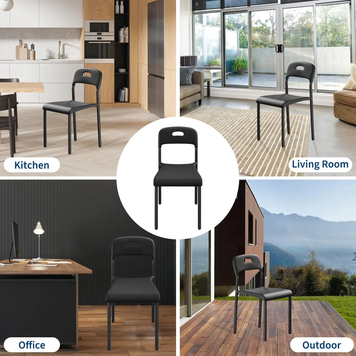 Lot de 1 ou 2 chaises de salle à manger empilables modernes – Assise en plastique avec pieds en métal solides – Assemblage facile – Résistantes à l'eau et aux taches – Utilisation intérieure et extérieure – Blanc/Noir