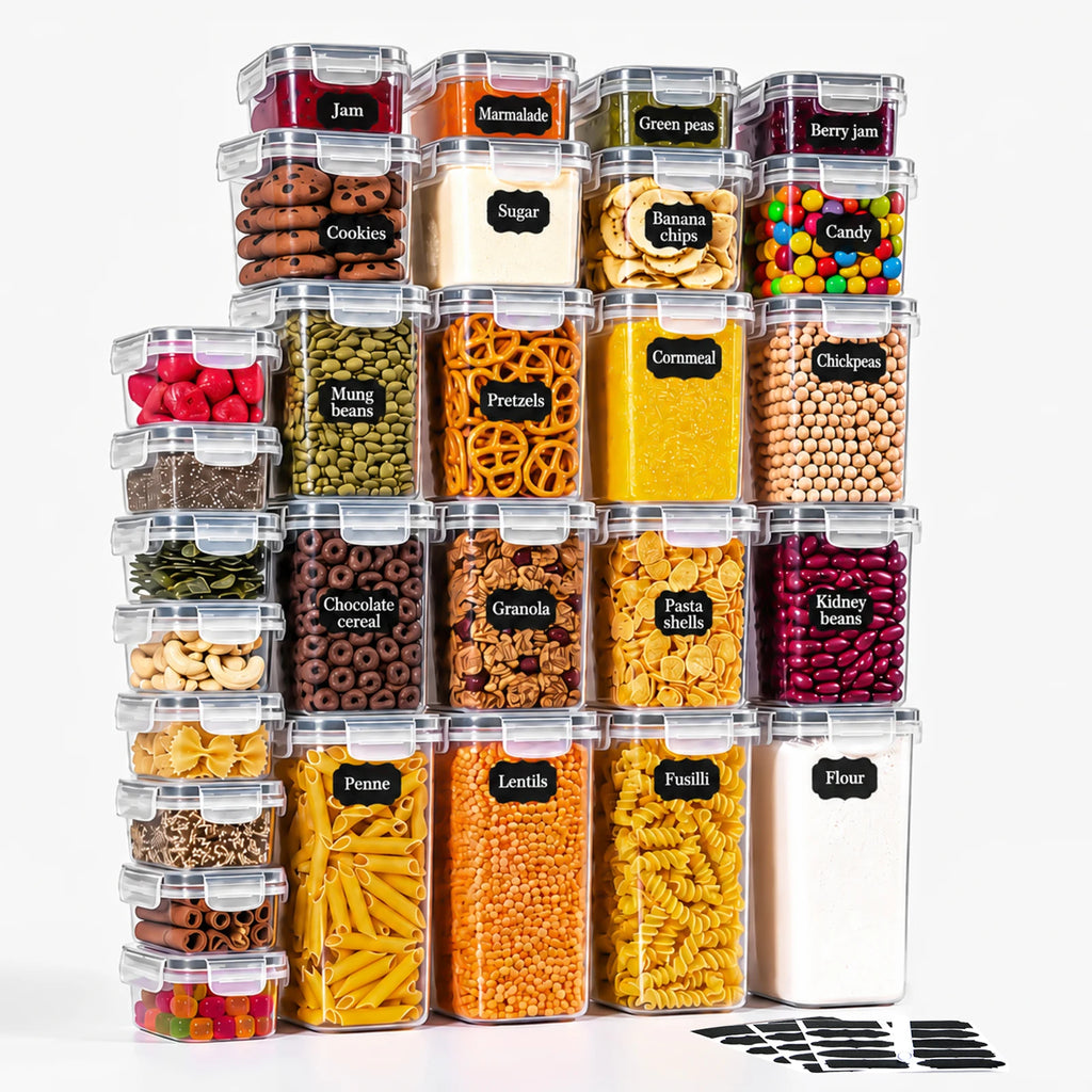 Set de 28 Boîtes Alimentaires Hermétiques en Plastique Optimisez le rangement de votre cuisine et de votre garde-manger grâce à ce set complet de 28 boîtes alimentaires hermétiques. Conçues pour conserver la fraîcheur de vos aliments le plus longtemps pos