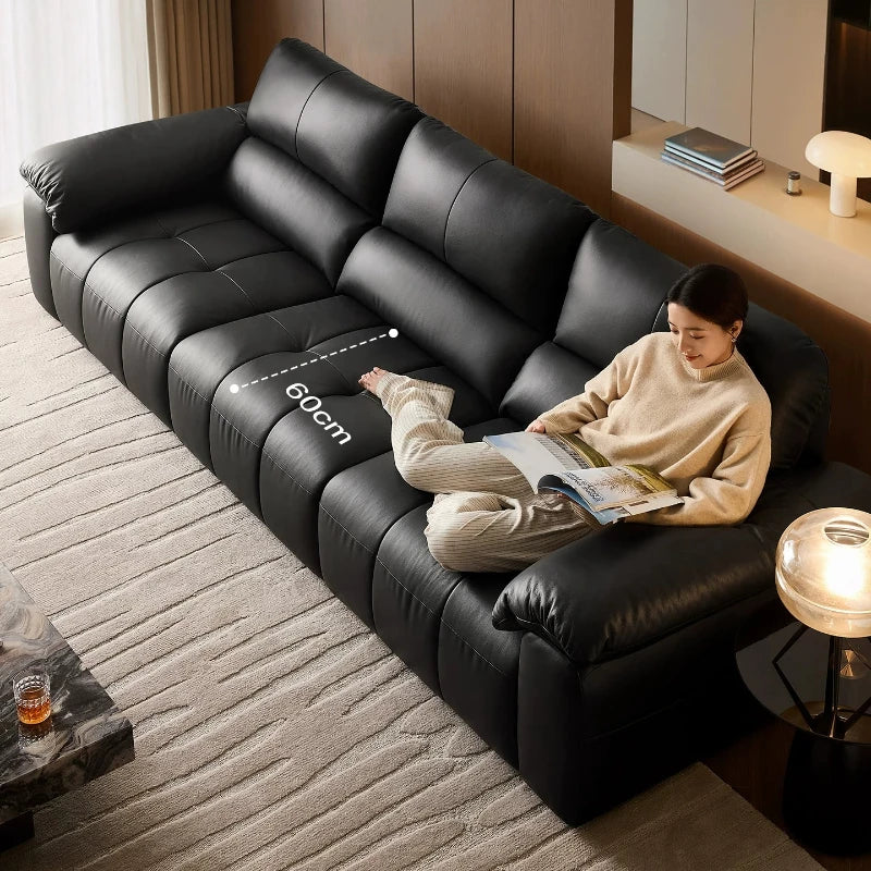 Canapé moderne et simple en cuir de vachette de première couche, canapé droit de luxe léger noir pour le salon et mobilier de