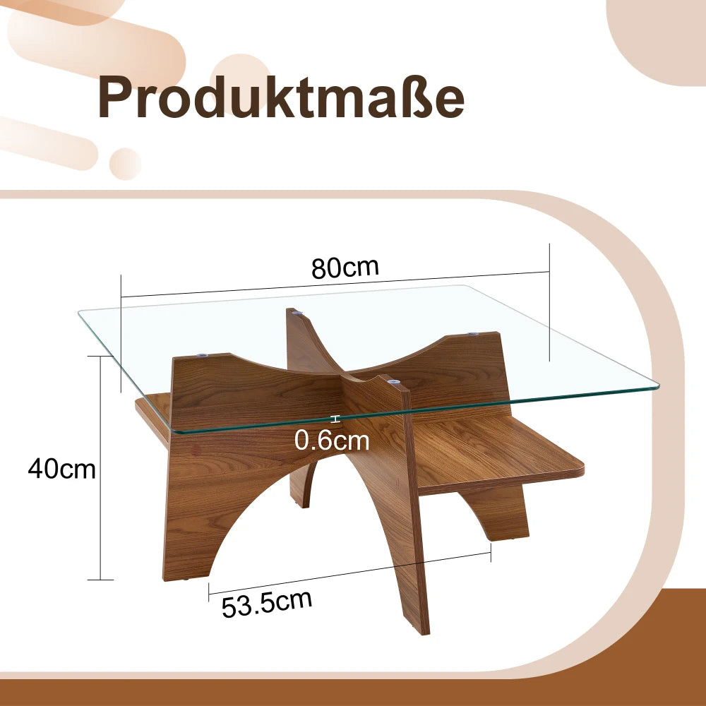 Table d'appoint / table basse carrée moderne en verre de sécurité (80 cm), pieds en MDF aspect bois de noyer, idéale pour le salon