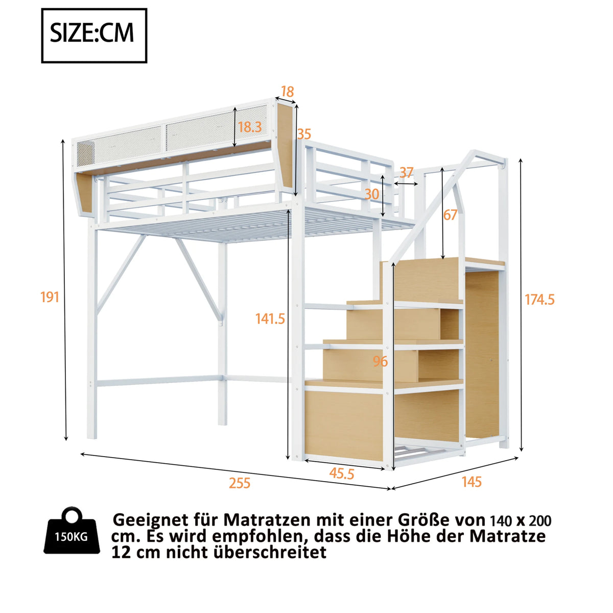 Lit Mezzanine 140x200 cm en Métal