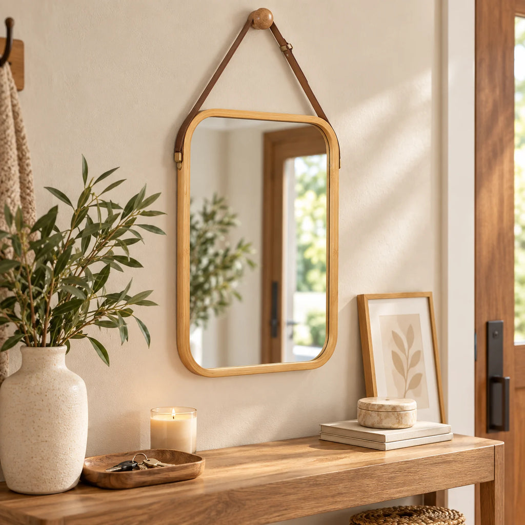 Miroir mural décoratif avec cadre en bambou naturel et sangle en cuir marron, miroir rectangulaire 34x41,5 cm pour salle de bain, chambre et entrée, comprend un bouton en bois pour la suspension
