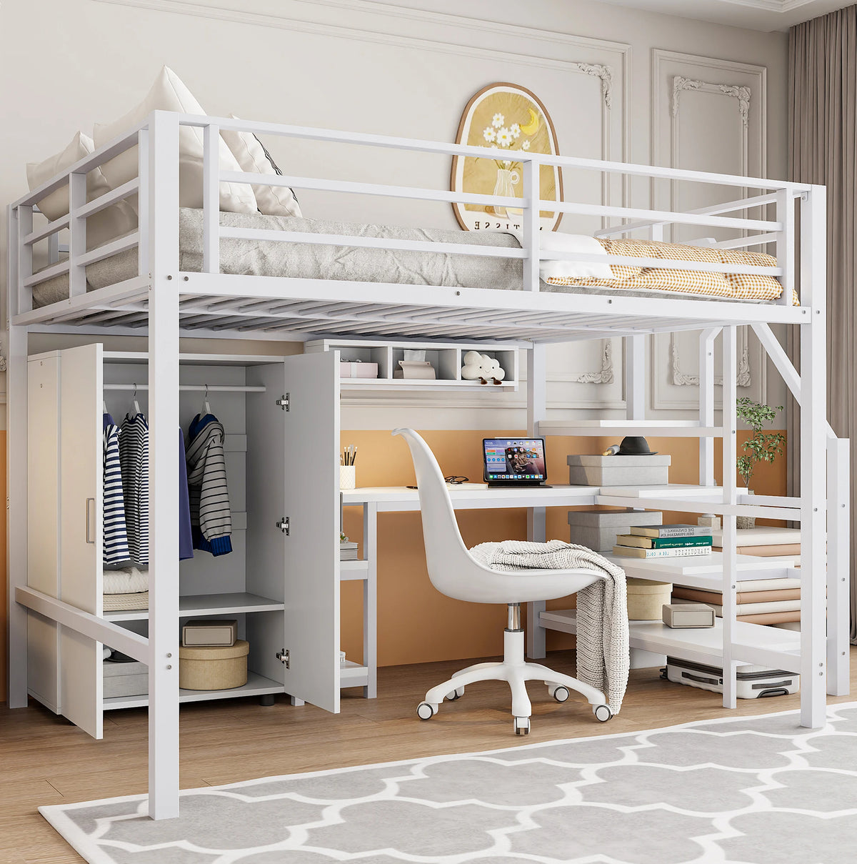 Lit mezzanine pour enfant 140x200cm avec armoire, étagères, rangement dans l'échelle et bureau - Blanc, sans matelas