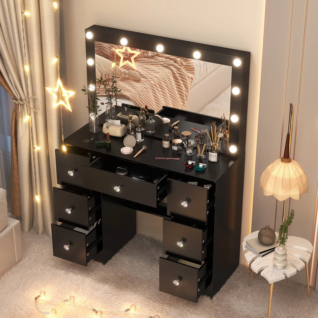 Coiffeuse Teousev avec miroir et 11 ampoules LED - Table de maquillage à luminosité réglable avec grand tiroir et 3 modes de couleur
