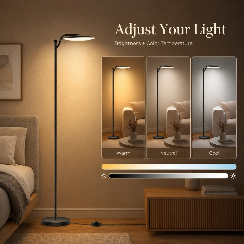 Lampadaire LED 32W 3000Lm avec tête pivotante, télécommande magnétique sur le pied du lampadaire, facile à installer, lampe de lecture stable pour salon, chambre et coin lecture