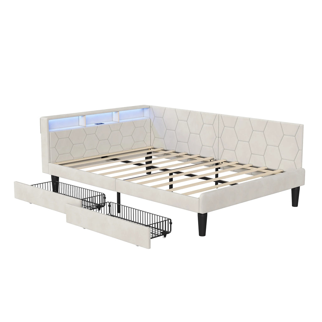 Lit banquette 140x200 cm, cadre de lit d'angle en velours beige