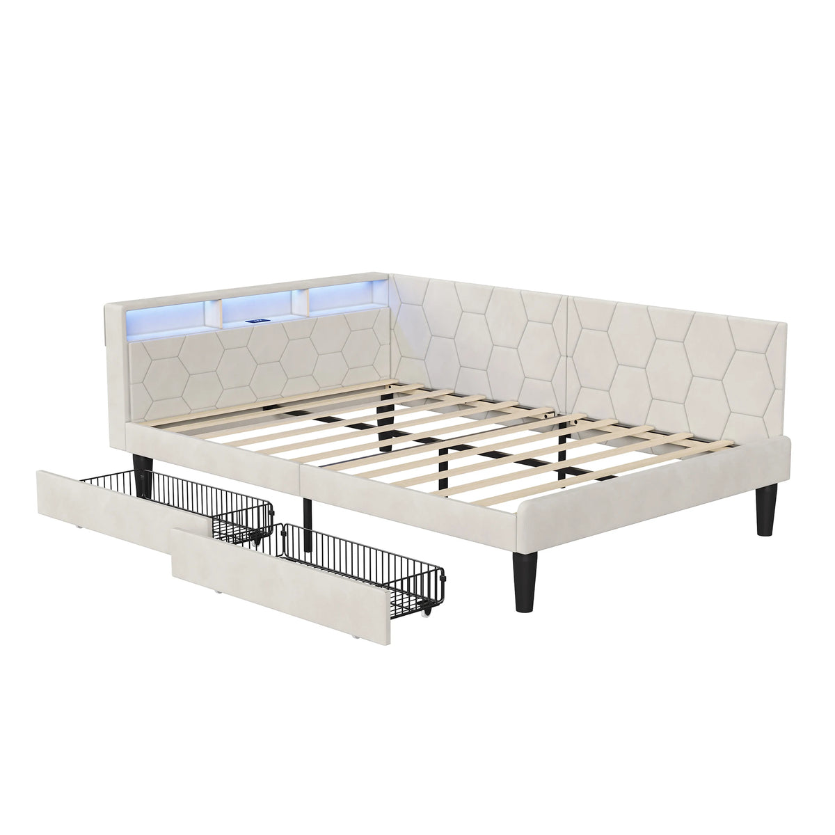 Lit banquette 140x200 cm, cadre de lit d'angle en velours beige
