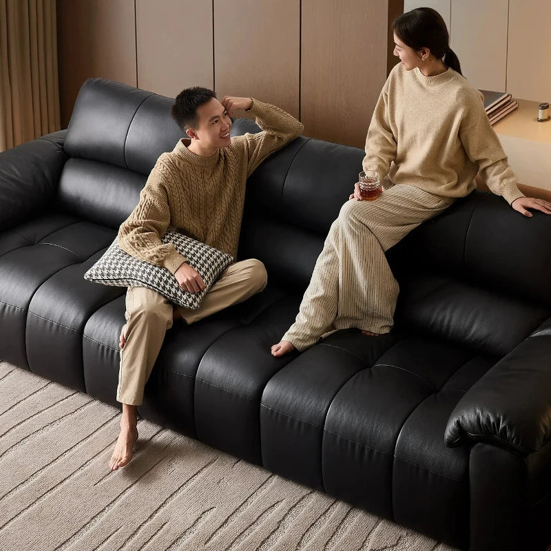 Canapé moderne et simple en cuir de vachette de première couche, canapé droit de luxe léger noir pour le salon et mobilier de