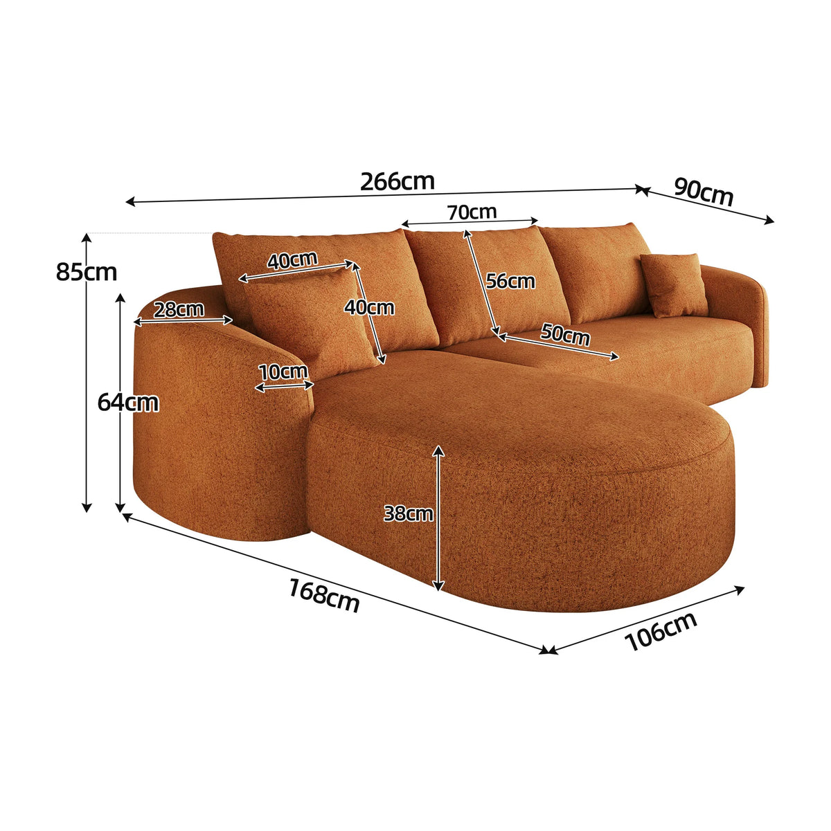 Canapé d'angle en L orange de 266 cm avec mousse haute résilience et tissu Chenille pour salon