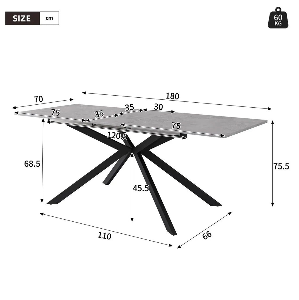 Table à manger extensible avec pieds croisés, plateau en MDF motif béton, 150-180x70x76 cm, noir et gris