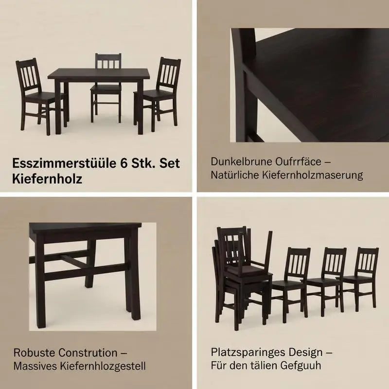 Chaises de salle à manger en pin brun foncé (lot de 6), robustes et faciles à nettoyer, décoration d'intérieur moderne