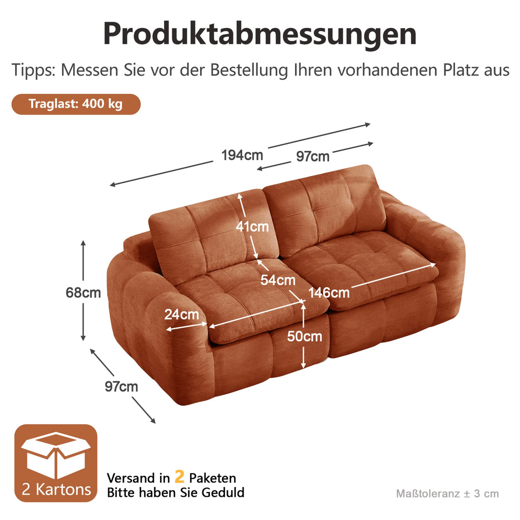 Canapé modulable 2 places orange en tissu chenille avec assise profonde et sans assemblage requis