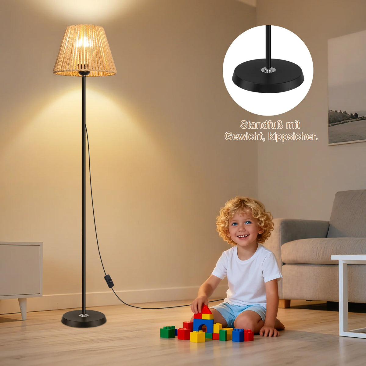 Lampadaire en rotin tressé de style bohème - Lampe sur pied E26/E27 avec abat-jour naturel, grand lampadaire moderne pour salon, chambre et coin lecture