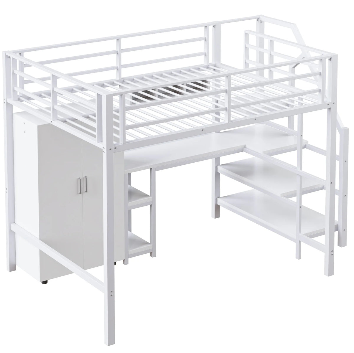 Lit mezzanine pour enfant 140x200cm avec armoire, étagères, rangement dans l'échelle et bureau - Blanc, sans matelas