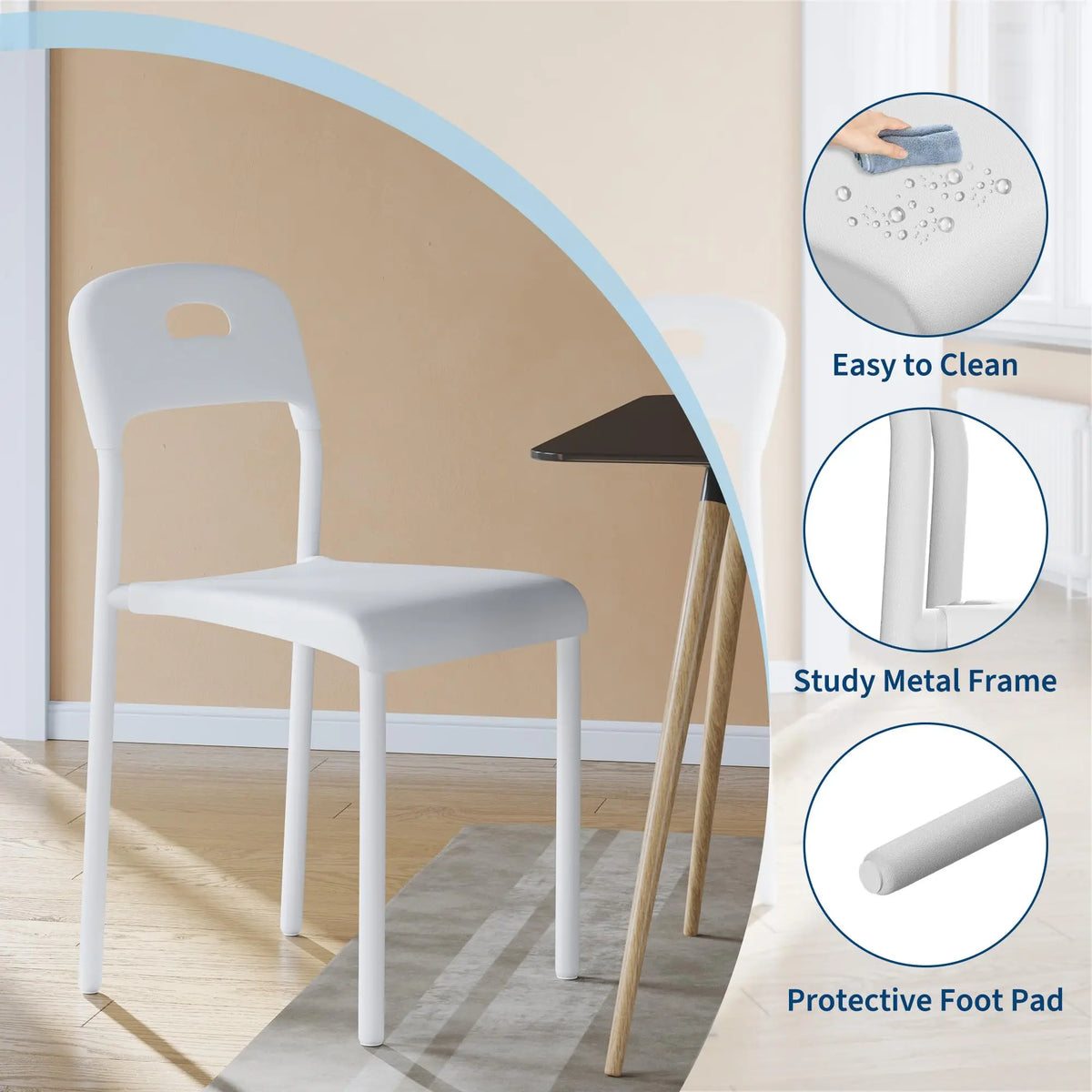 Lot de 1 ou 2 chaises de salle à manger empilables modernes – Assise en plastique avec pieds en métal solides – Assemblage facile – Résistantes à l'eau et aux taches – Utilisation intérieure et extérieure – Blanc/Noir