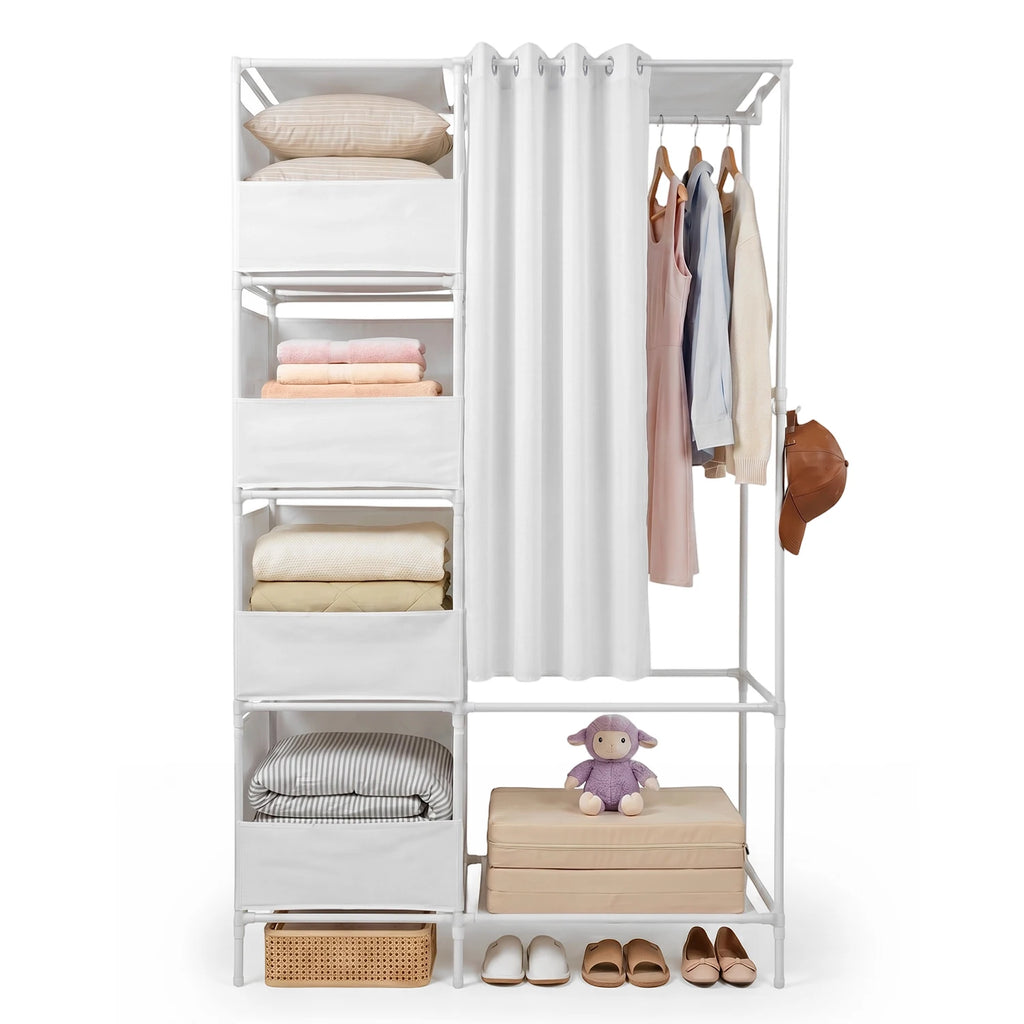 Armoire en tissu pour la maison - Armoire de rangement à étagères avec crochets en S et barre de penderie pour manteaux, chemises, pantalons et linge de lit - 170x105x45 cm