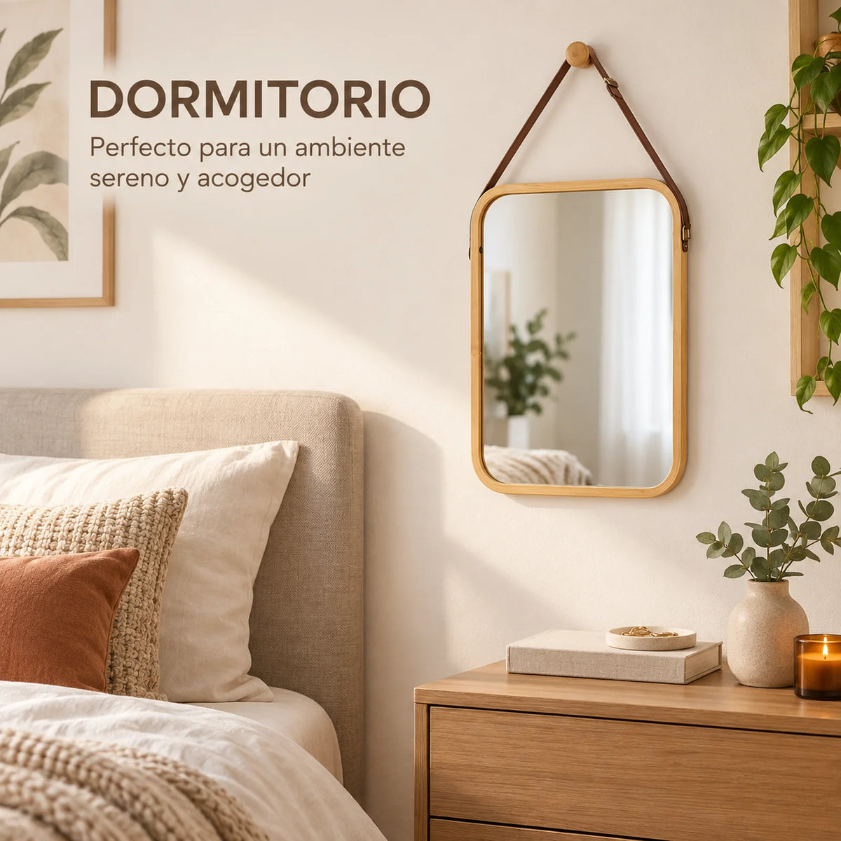 Miroir mural décoratif avec cadre en bambou naturel et sangle en cuir marron, miroir rectangulaire 34x41,5 cm pour salle de bain, chambre et entrée, comprend un bouton en bois pour la suspension