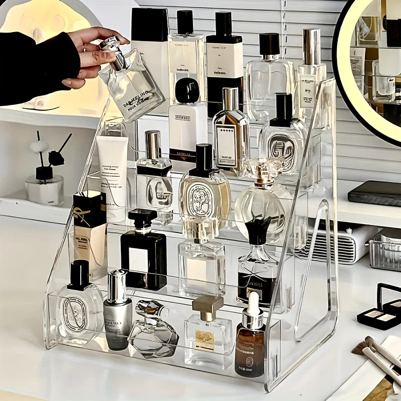 Organisateur de parfum et cosmétiques élégant en acrylique - Présentoir transparent à plusieurs niveaux, étagère de rangement élégante pour coiffeuse