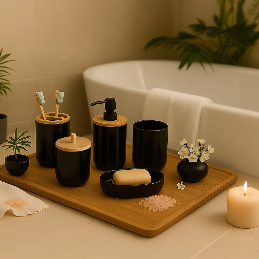 Ensemble d'accessoires de salle de bain 7 pièces, design harmonieux, pour la salle de bain, plastique et bambou, noir, poubelle à cosmétiques 5 L, avec brosse de toilette, Relaxdays