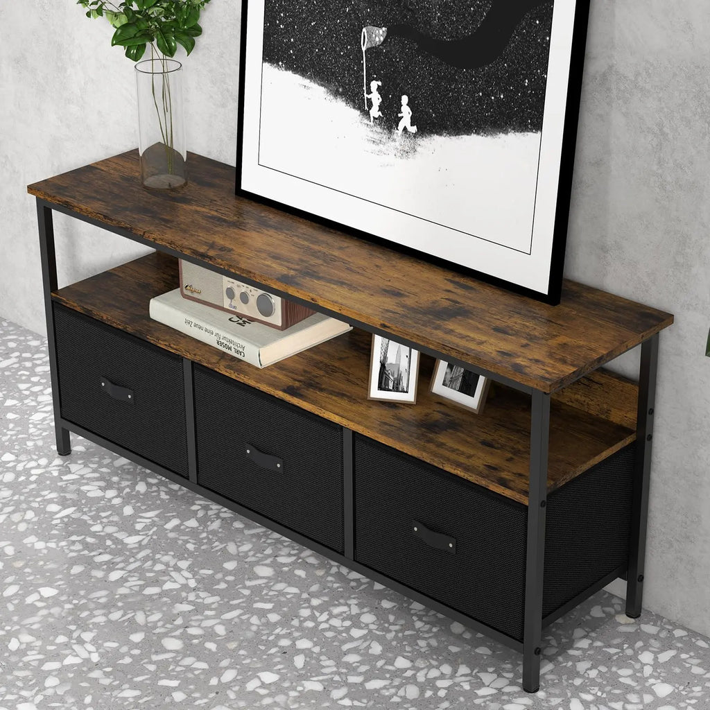 Meuble TV commode avec 3 tiroirs en tissu, meuble télé pour télévision jusqu'à 55 pouces, 120 x 30 x 57 cm