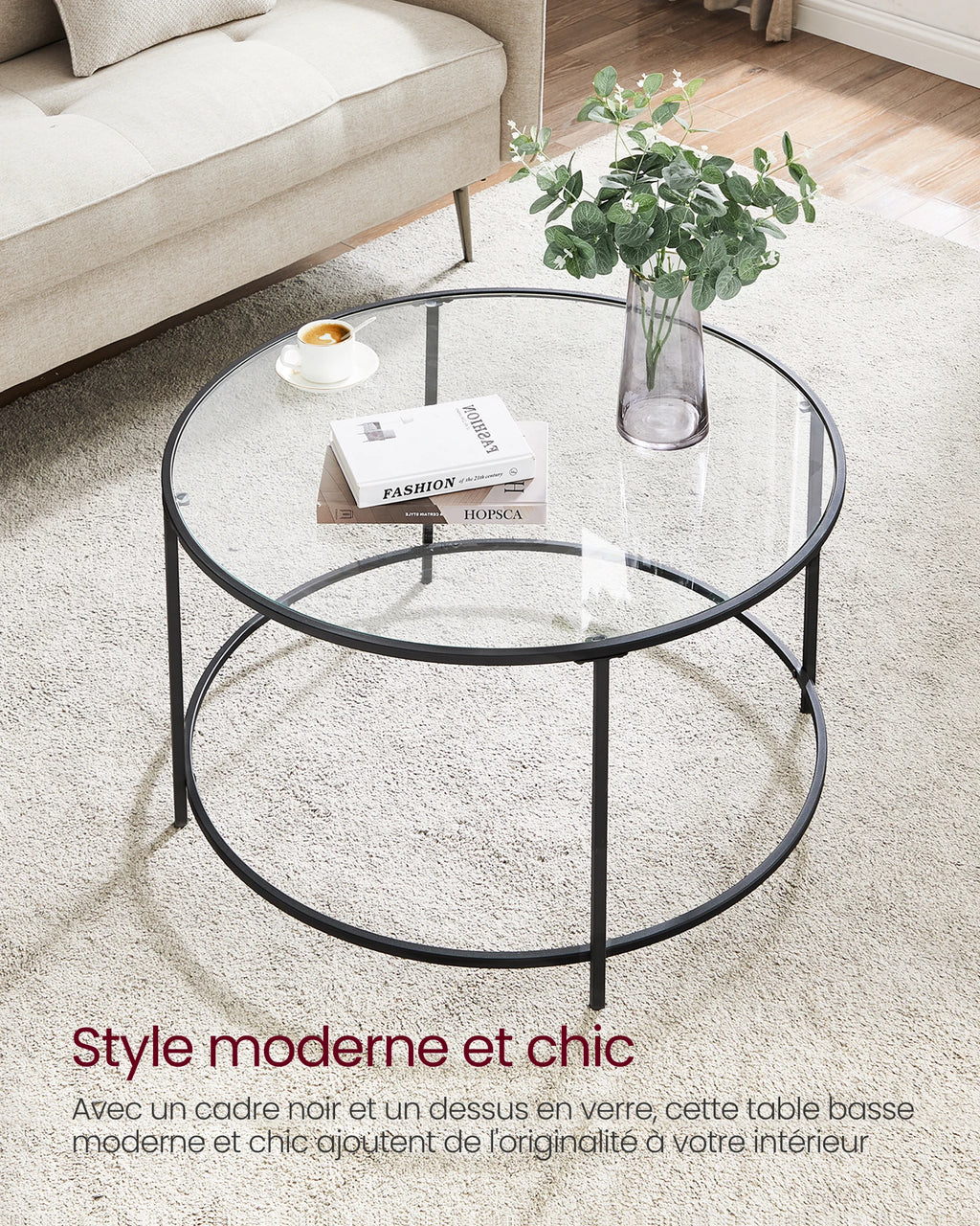 Table basse ronde pour salon en verre avec structure en acier, meuble de salon