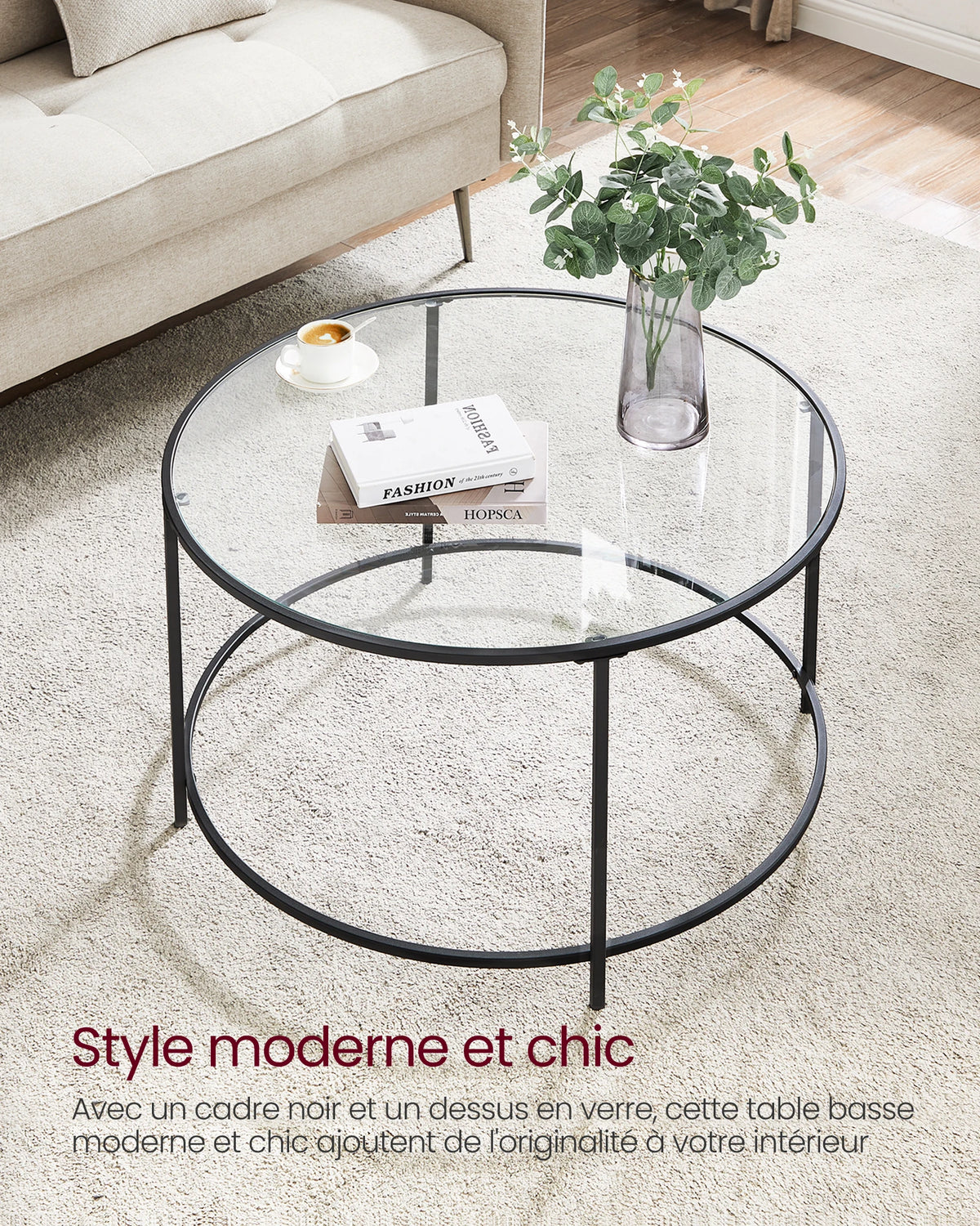 Table basse ronde pour salon en verre avec structure en acier, meuble de salon