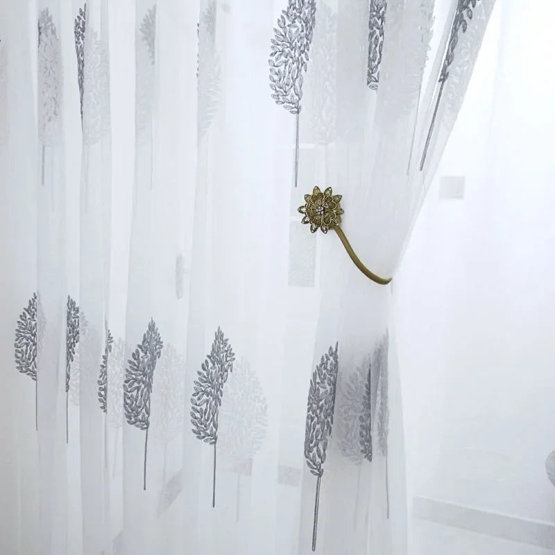 Rideau voile en tulle transparent blanc motif arbre (1 pièce) pour salon, balcon et chambre, voilage brodé moderne et translucide pour fenêtre