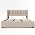 Lit double rembourré 180x200 cm avec coffre de rangement hydraulique KOMHTOM, sommier à lattes en bois et structure métallique, revêtement en lin beige