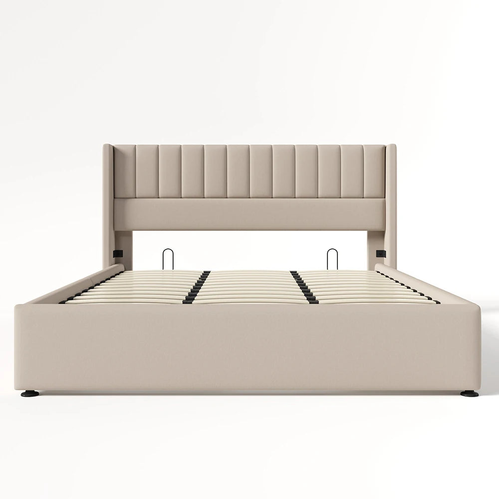 Lit double rembourré 180x200 cm avec coffre de rangement hydraulique KOMHTOM, sommier à lattes en bois et structure métallique, revêtement en lin beige