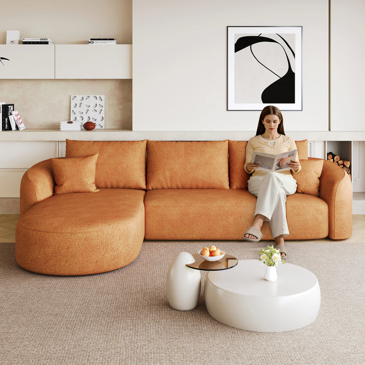 Canapé d'angle en L orange de 266 cm avec mousse haute résilience et tissu Chenille pour salon
