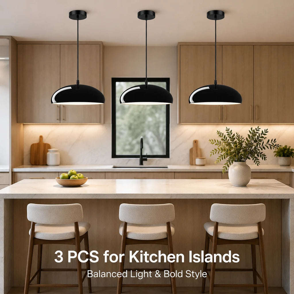 Suspension luminaire JOYINLED en métal noir, disponible en lot de 1 ou 3 pièces, avec abat-jour en forme de dôme. Style moderne du milieu du siècle (Mid-Century Modern), idéale pour une cuisine, un îlot central ou une salle à manger. Modèle de suspension