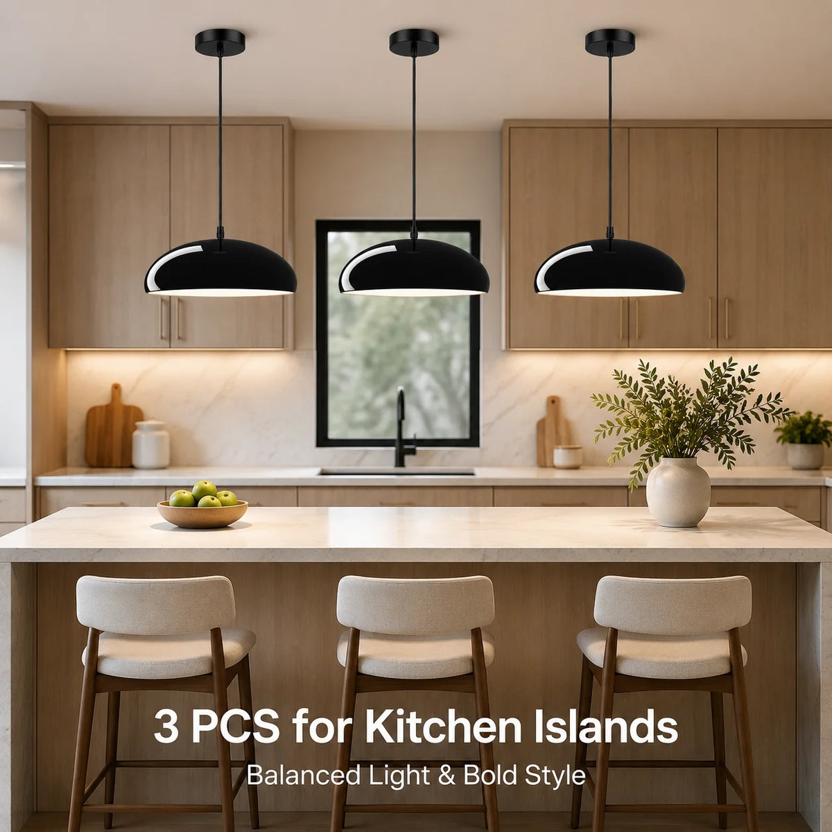 Suspension luminaire JOYINLED en métal noir, disponible en lot de 1 ou 3 pièces, avec abat-jour en forme de dôme. Style moderne du milieu du siècle (Mid-Century Modern), idéale pour une cuisine, un îlot central ou une salle à manger. Modèle de suspension
