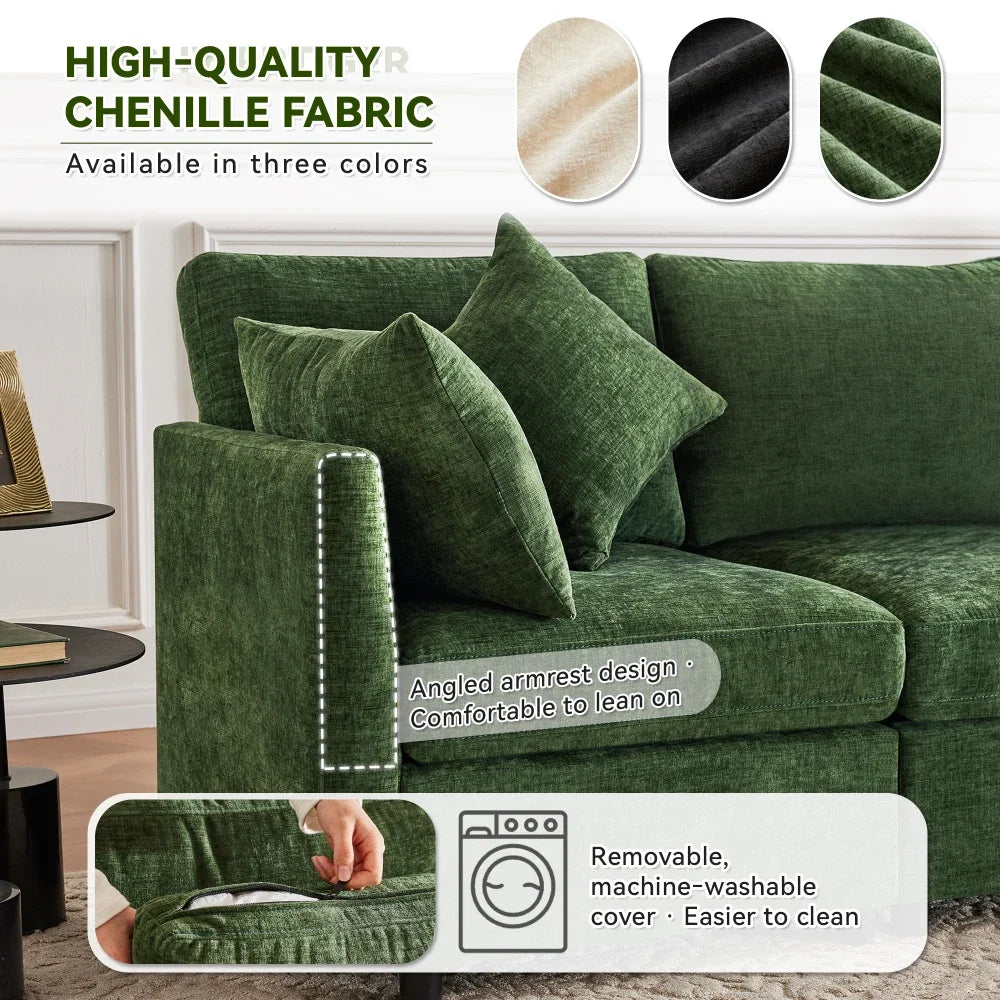 Canapé d'angle panoramique modulable et convertible moderne vert, canapé d'appoint grand confort avec pouf indépendant amovible et 4 coussins en tissu chenille doux pour salon d'appartement