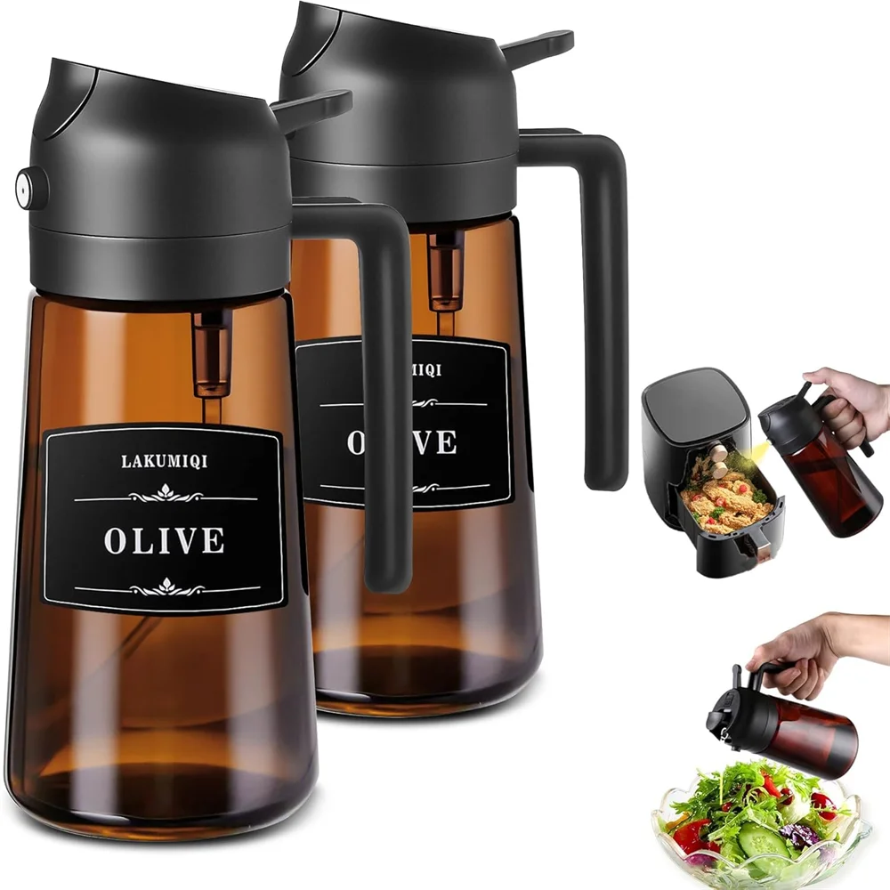 Distributeur et pulvérisateur d'huile en verre 2-en-1 - Bouteille spray d'huile d'olive anti-fuite 470 ml (16 oz) pour cuisine, friteuse sans huile (Air Fryer), barbecue, cuisson et salade