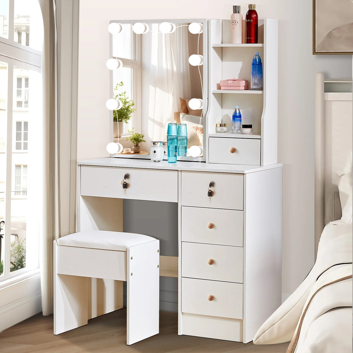Ensemble coiffeuse blanche avec miroir coulissant à éclairage LED et tabouret - Table de maquillage avec tiroirs verrouillables et étagères de rangement, bureau pour cosmétiques de chambre
