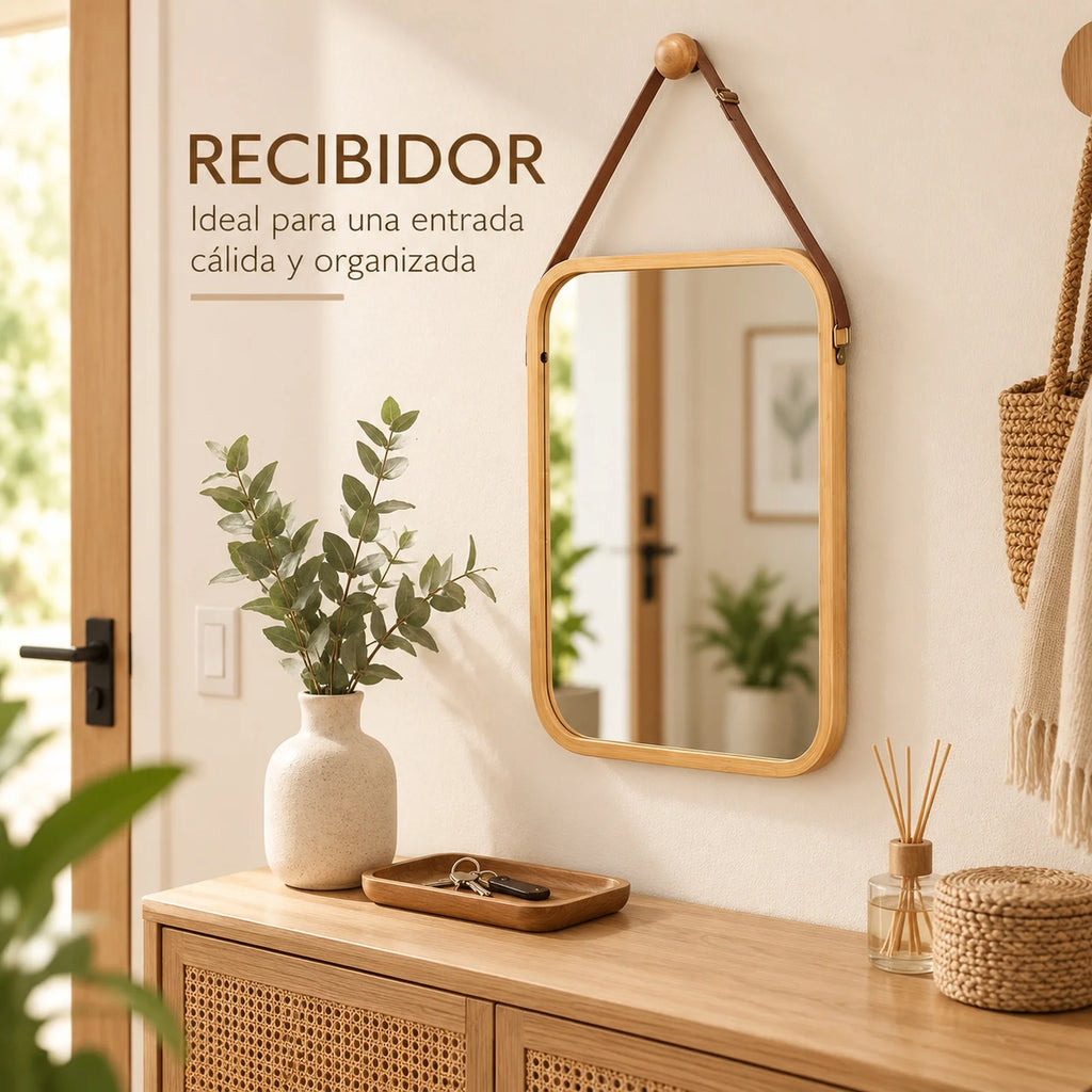 Miroir mural décoratif avec cadre en bambou naturel et sangle en cuir marron, miroir rectangulaire 34x41,5 cm pour salle de bain, chambre et entrée, comprend un bouton en bois pour la suspension