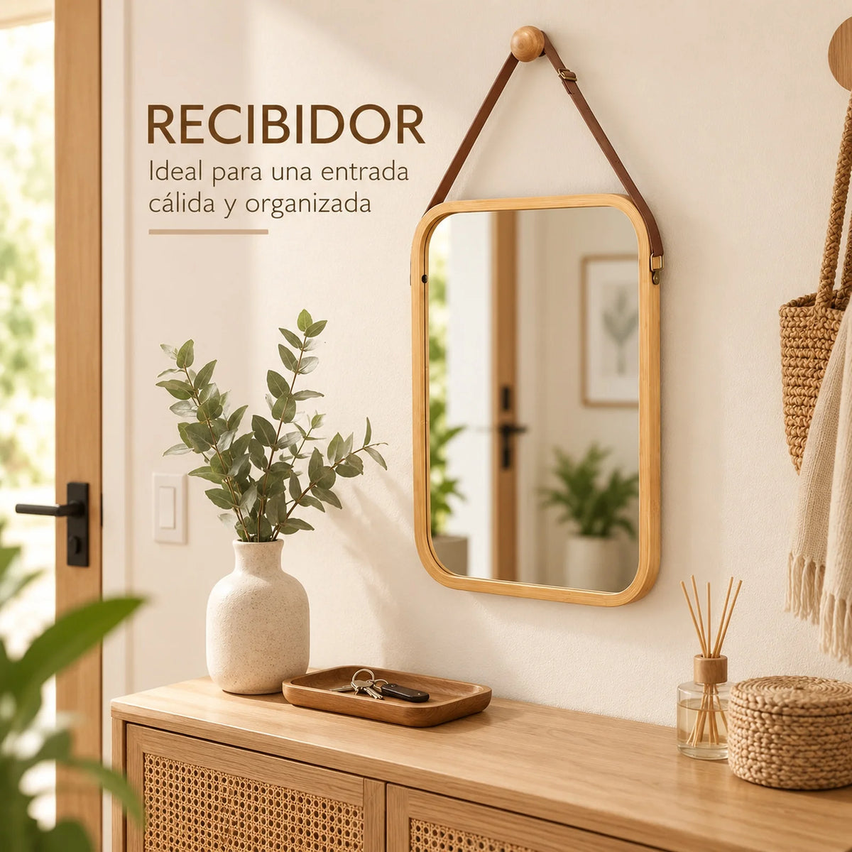 Miroir mural décoratif avec cadre en bambou naturel et sangle en cuir marron, miroir rectangulaire 34x41,5 cm pour salle de bain, chambre et entrée, comprend un bouton en bois pour la suspension