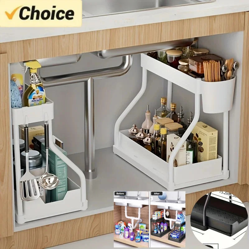 Rangement sous évier à 2 niveaux pour gain de place - Tiroir coulissant de grande capacité et durable pour la cuisine