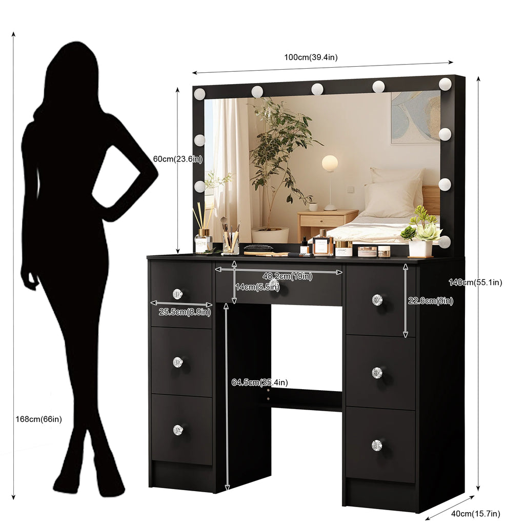 Coiffeuse Teousev avec miroir et 11 ampoules LED - Table de maquillage à luminosité réglable avec grand tiroir et 3 modes de couleur