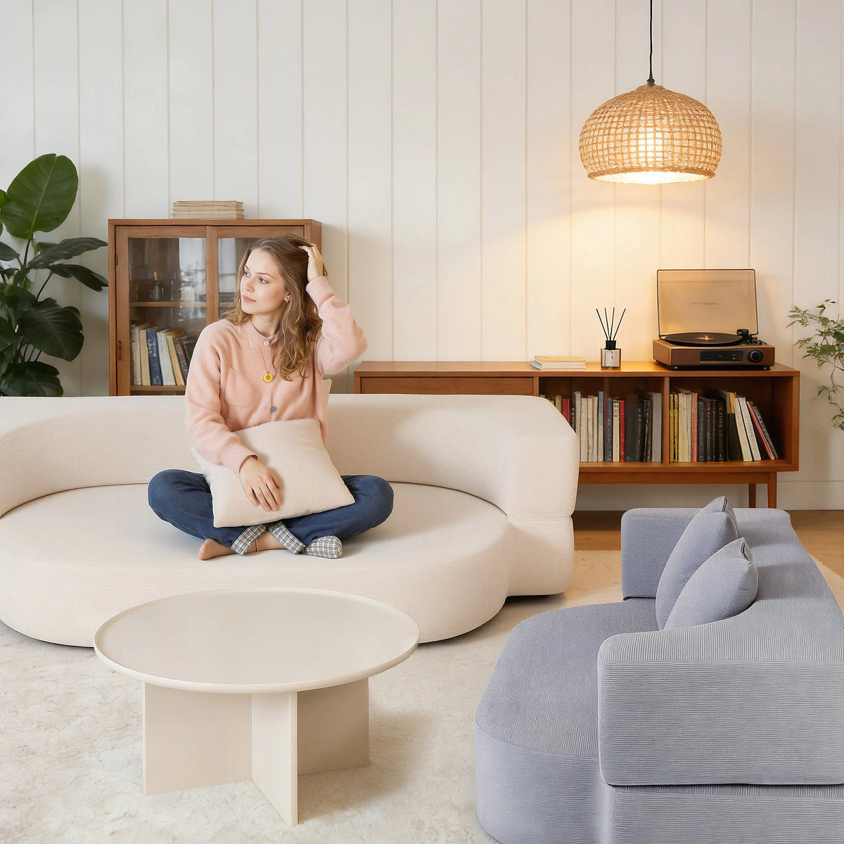 OYAJIA Canapé-Lit Pliable 2 Places Sans Armature - Matelas de Sol Convertible et Chauffeuse Banquette 2-en-1 avec 2 Coussins - Lit d'Appoint Gain de Place pour Salon, Chambre et Studio - Blanc Cassé/Gris