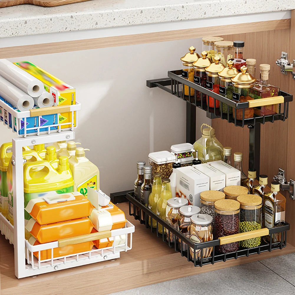 Rangement sous évier, organiseur de placard coulissant à 2 niveaux - Étagère sous évier en acier au carbone, meuble de rangement sous évier pour placard de cuisine et salle de bain
