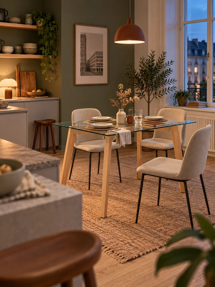 Table à manger pour 4 personnes 120x60x76cm table de cuisine moderne rectangulaire plateau en verre trempé pieds en acier transparent