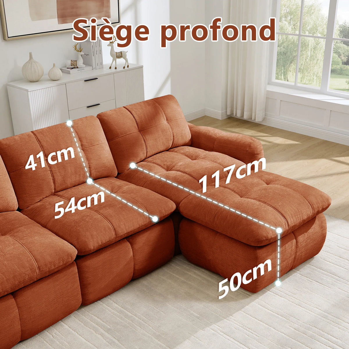 Canapé modulable 2 places orange en tissu chenille avec assise profonde et sans assemblage requis