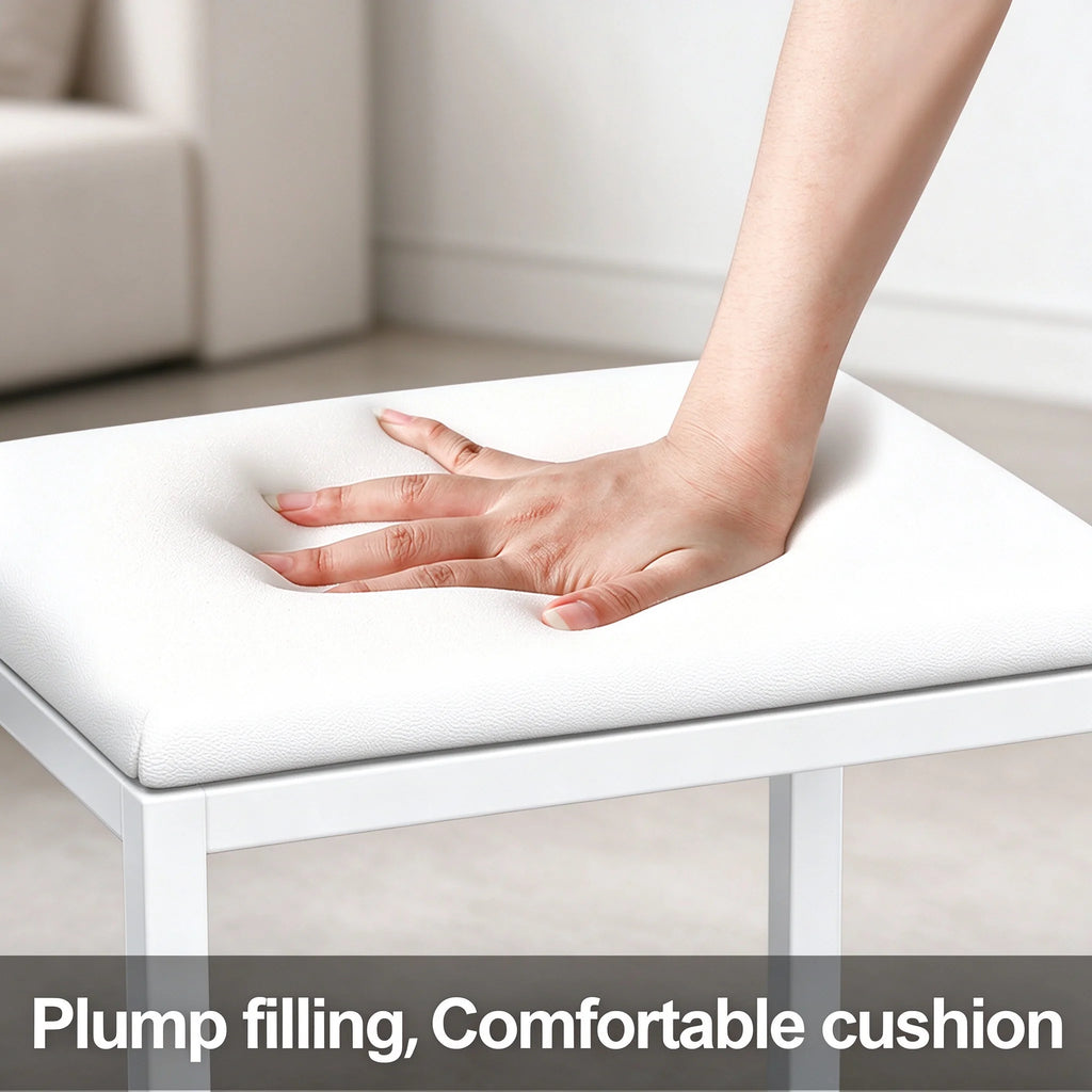 Tabouret de coiffeuse blanc, pouf de maquillage rembourré en similicuir PU avec structure métallique, banc carré pour chambre à coucher, 40 x 30 x 42 cm