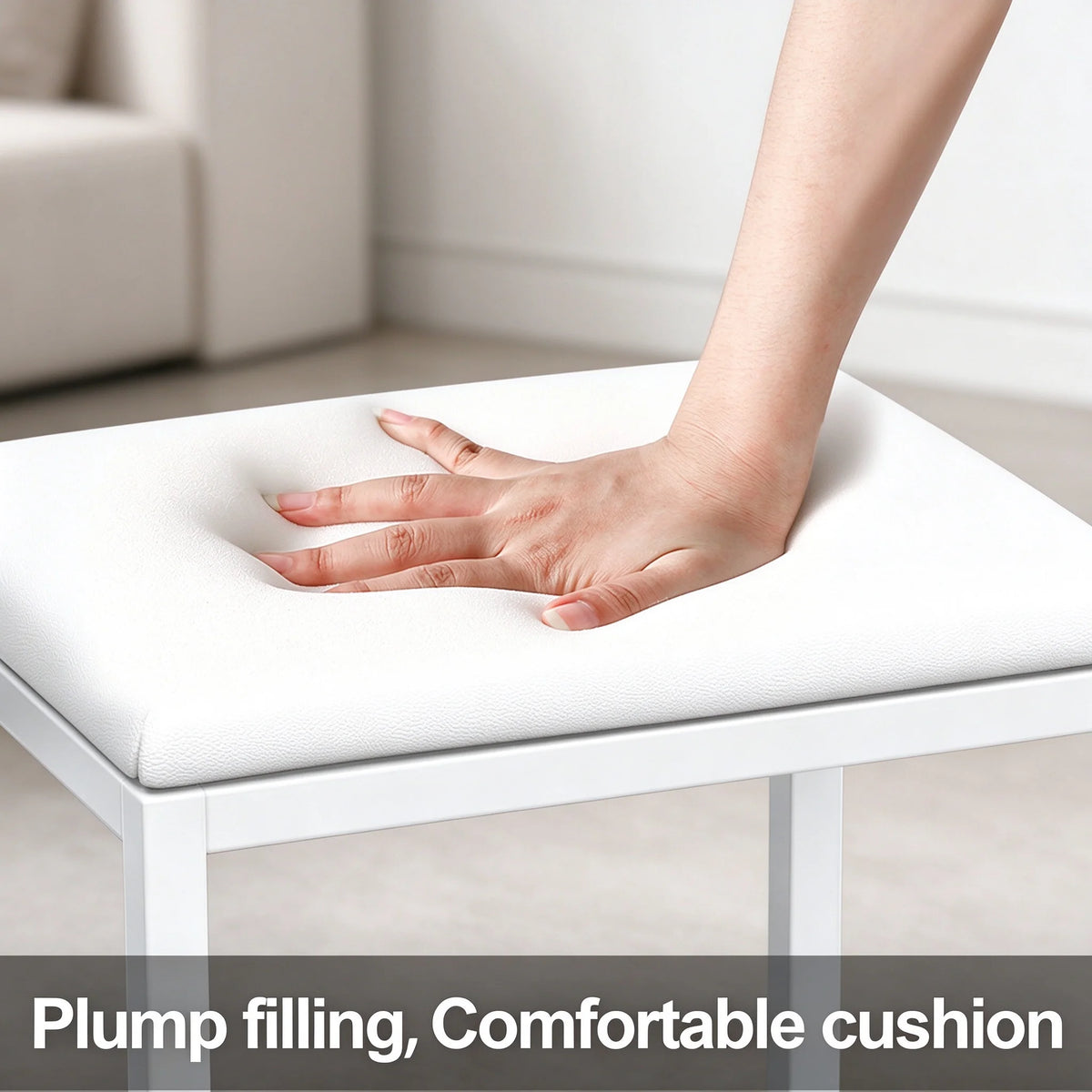 Tabouret de coiffeuse blanc, pouf de maquillage rembourré en similicuir PU avec structure métallique, banc carré pour chambre à coucher, 40 x 30 x 42 cm