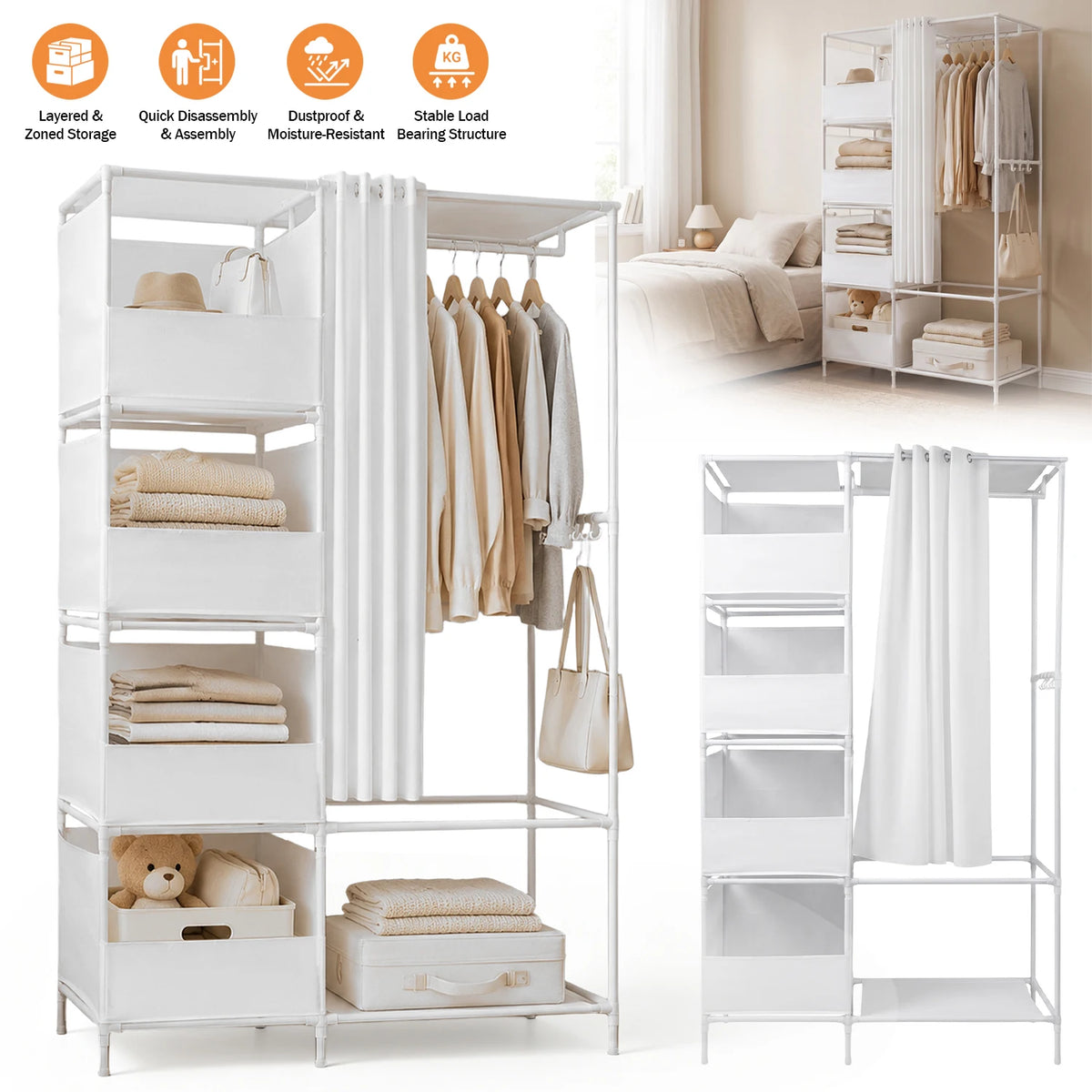 Armoire en tissu pour la maison - Armoire de rangement à étagères avec crochets en S et barre de penderie pour manteaux, chemises, pantalons et linge de lit - 170x105x45 cm